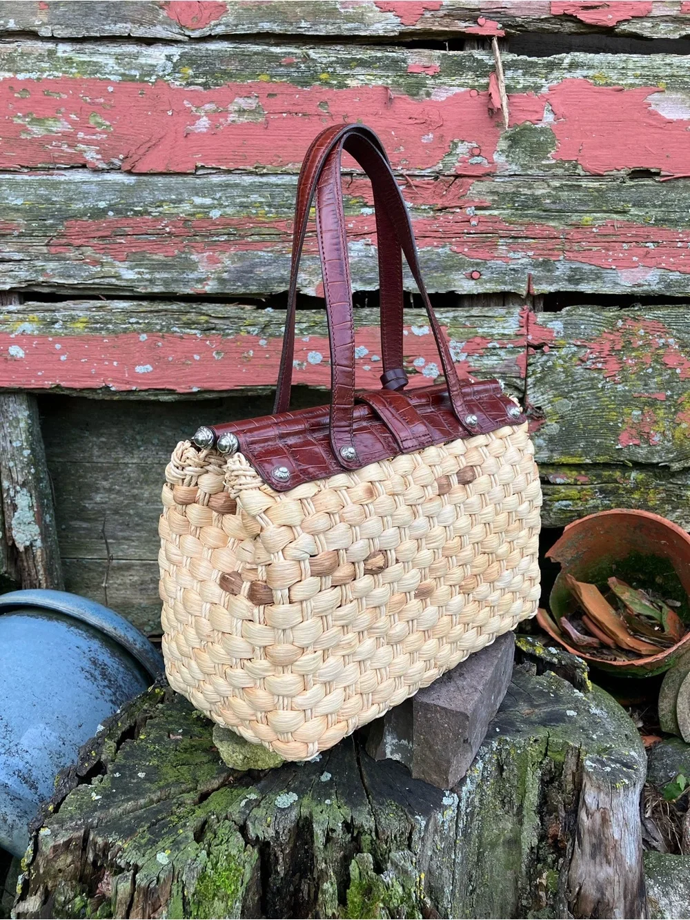 Vintage Brighton Natural Straw Purse w/ Brown Trim & Whimsical Heart Charm